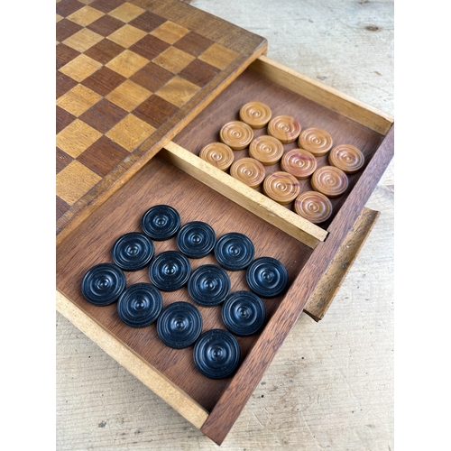 109 - Inlaid Wooden Draughts Board with Draw & Pieces
