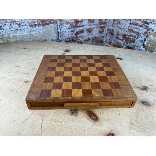 109 - Inlaid Wooden Draughts Board with Draw & Pieces