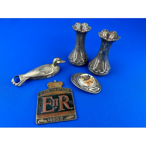 213 - Small Group of Metalware Items including Horse Belt Buckle & Silver Plated Duck Bottle Opener