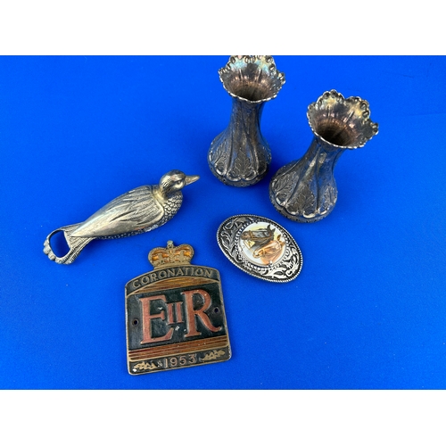 213 - Small Group of Metalware Items including Horse Belt Buckle & Silver Plated Duck Bottle Opener