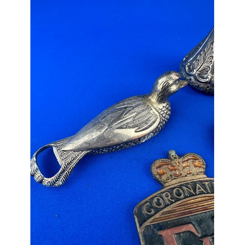 213 - Small Group of Metalware Items including Horse Belt Buckle & Silver Plated Duck Bottle Opener