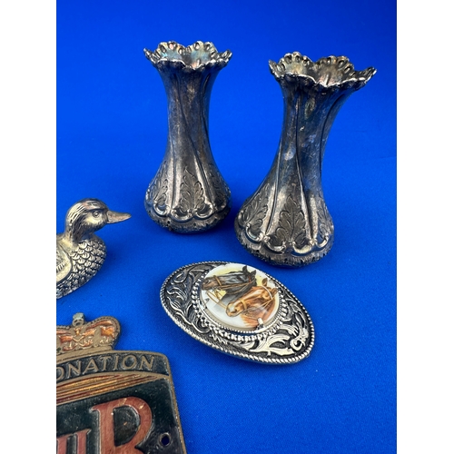 213 - Small Group of Metalware Items including Horse Belt Buckle & Silver Plated Duck Bottle Opener