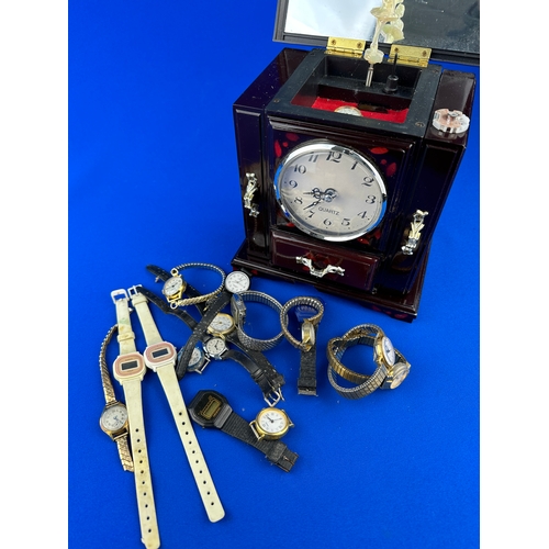 128 - Vintage ladies Watches & Jewellery Box with Clock