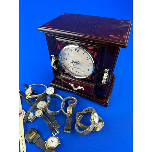 128 - Vintage ladies Watches & Jewellery Box with Clock