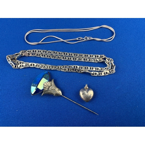 14 - Ermani Bulatti Pin, Two Silver Chain Necklaces & Heart Pendant. 21.3g Silver