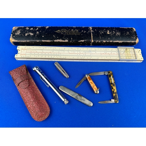 185 - Group of Small Penknives including  Slide Rule & Vintage Tyre Pressure Gauge