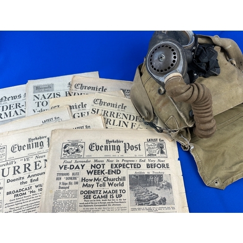 187 - WWII Gas Mask & Original WWII Newspapers