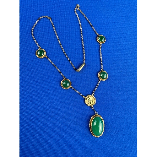 20 - 14ct Gold Chinese Necklace with Jade Coloured Stones 10.31g Gross