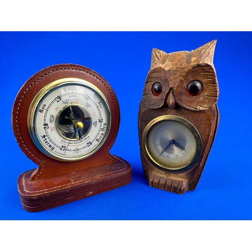 167 - Wooden Carved Owl Clock, needs attention and Leather Surround Barometer