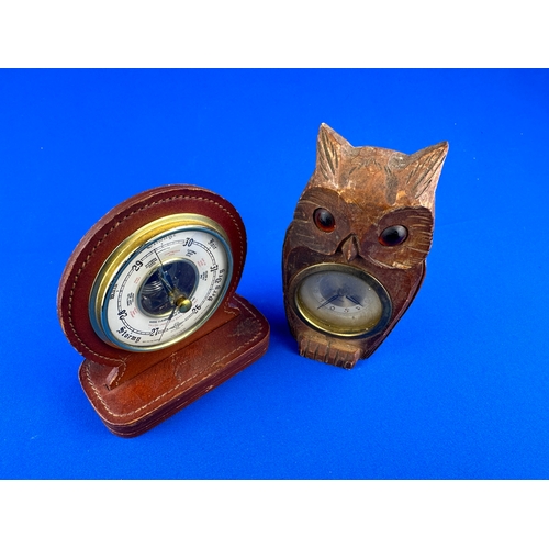 167 - Wooden Carved Owl Clock, needs attention and Leather Surround Barometer