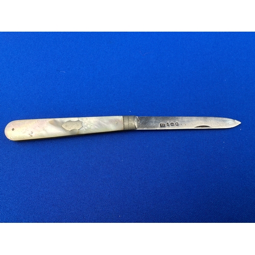 13 - Hallmarked Silver Pen Knife with Mother of Pearl Handle Sheffield 1897