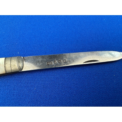 13 - Hallmarked Silver Pen Knife with Mother of Pearl Handle Sheffield 1897