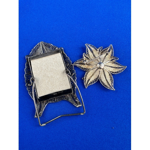 25 - Silver Filigree Brooch & Miniature Picture Frame