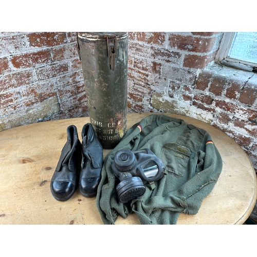 110 - Vintage Military Clothing, Gas Mask & Vacuum Canteen