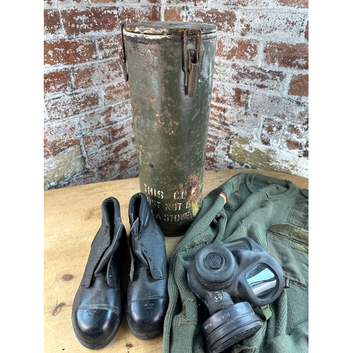 110 - Vintage Military Clothing, Gas Mask & Vacuum Canteen