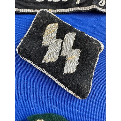 113 - Third Reich Waffen Runic SS Officer Collar Tabs, Adolf Hitler Cuff Band & SS Eagle Badges.