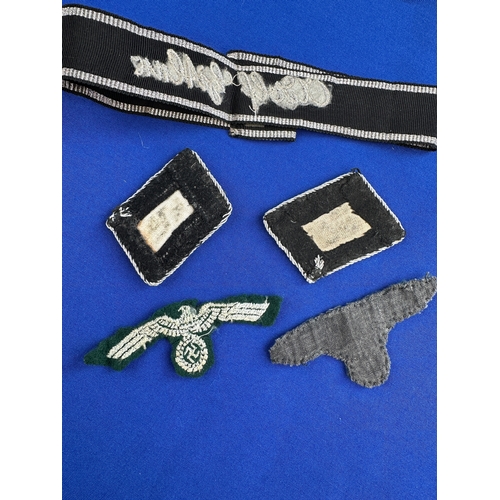 113 - Third Reich Waffen Runic SS Officer Collar Tabs, Adolf Hitler Cuff Band & SS Eagle Badges.