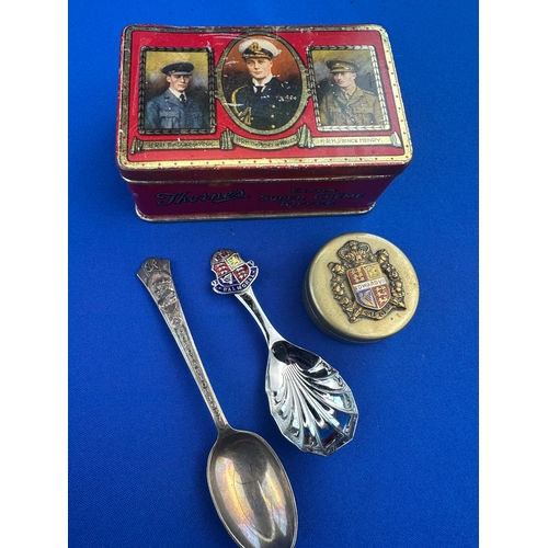 229 - Edward VII Enamel Box, Royalty Tin & Spoons