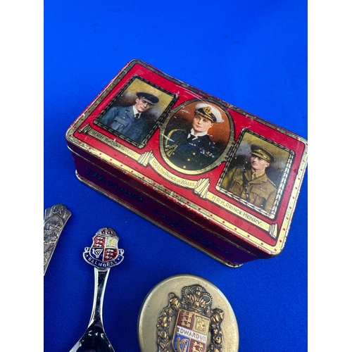 229 - Edward VII Enamel Box, Royalty Tin & Spoons