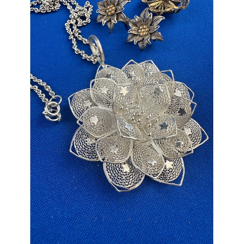 72 - Filigree Silver Necklace, Brooch & Earrings