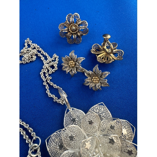 72 - Filigree Silver Necklace, Brooch & Earrings