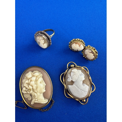 75 - Group of Cameo Items, Two Brooches Ring & Earrings