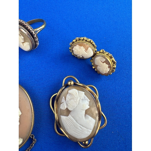 75 - Group of Cameo Items, Two Brooches Ring & Earrings