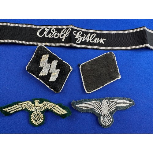 113 - Third Reich Waffen Runic SS Officer Collar Tabs, Adolf Hitler Cuff Band & SS Eagle Badges.