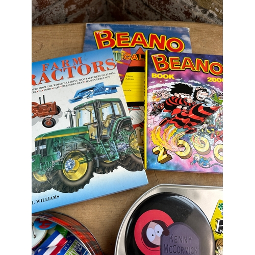 314 - Tin of Vintage Pin Badges & Beano Items