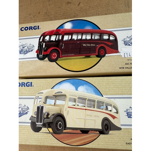 121 - Four Corgi Classics Diecast Model Busses Boxed including AEC Regal, Leyland Tiger Coach & Bedford OB