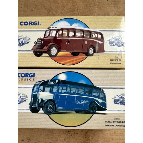 121 - Four Corgi Classics Diecast Model Busses Boxed including AEC Regal, Leyland Tiger Coach & Bedford OB