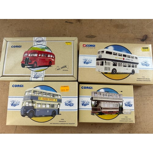 122 - Four Corgi Classics Diecast Model Busses Boxed including Daimler CW, AEC Regal, Daimler Fleetline & ... 