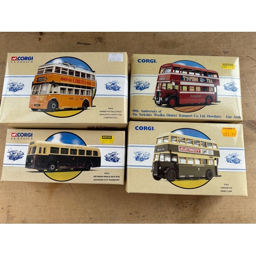 123 - Four Corgi Classics Diecast Model Busses Boxed including 90th Anniversary Yorkshire Woolen District ... 