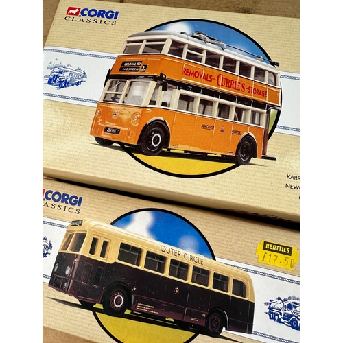 123 - Four Corgi Classics Diecast Model Busses Boxed including 90th Anniversary Yorkshire Woolen District ... 