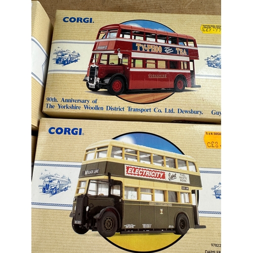 123 - Four Corgi Classics Diecast Model Busses Boxed including 90th Anniversary Yorkshire Woolen District ... 