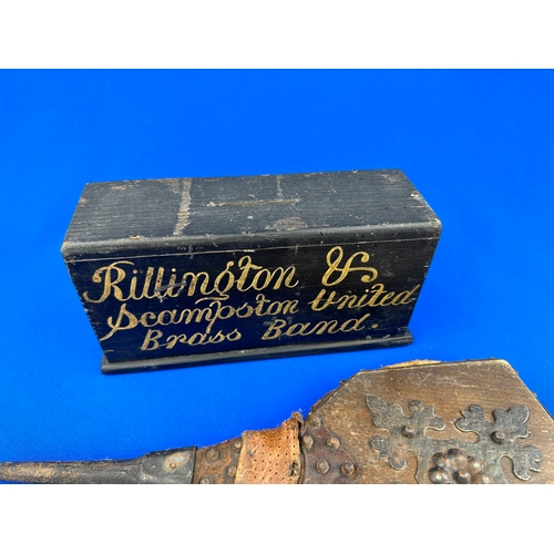 355 - Vintage Brass Band Collection Box & Antique Bellows