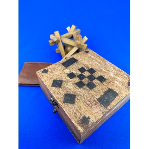 356 - Wooden Puzzle, Leather Wallet & Wooden Travel Games Compendium - Chess, Dominoes, Cards etc