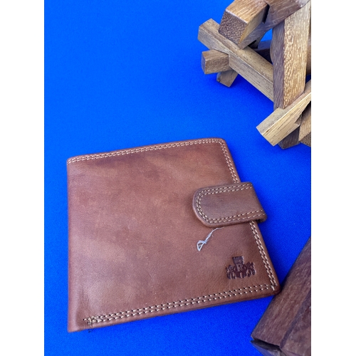 356 - Wooden Puzzle, Leather Wallet & Wooden Travel Games Compendium - Chess, Dominoes, Cards etc