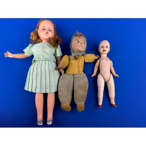 102 - Trio of Small, Vintage & Antique Dolls including Porcelain, Plastic & Cloth.