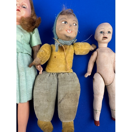 102 - Trio of Small, Vintage & Antique Dolls including Porcelain, Plastic & Cloth.