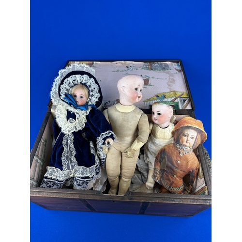 109 - Three Antique Dolls & Clothes in Nice Wooden Chest