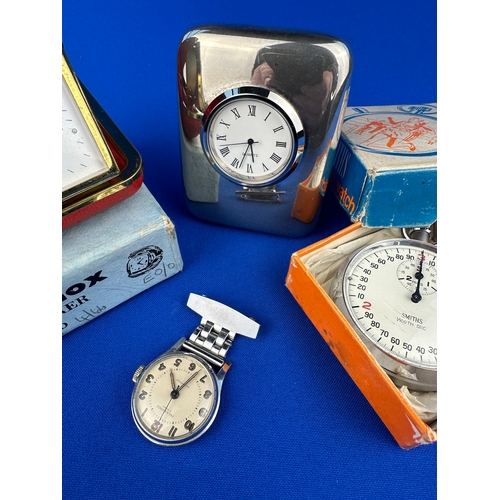 460 - Boxed Travel Alarm Clock, Virgin Atlantic Desk Clock, Smiths Stop watch (boxed) & Ingersoll Nurses W... 