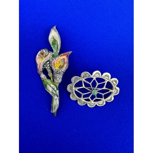 19 - Silver, Enamel & Marcasite Brooch - stamped 'Silver' with an unmarked White Metal Brooch