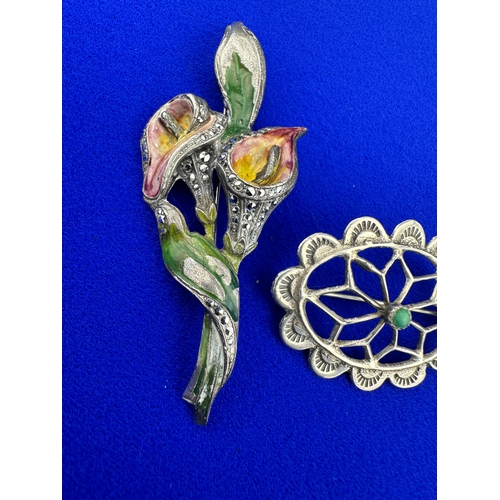 19 - Silver, Enamel & Marcasite Brooch - stamped 'Silver' with an unmarked White Metal Brooch