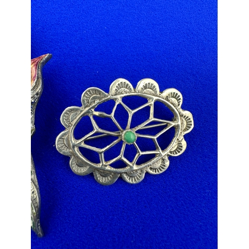 19 - Silver, Enamel & Marcasite Brooch - stamped 'Silver' with an unmarked White Metal Brooch