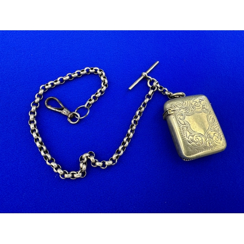 24 - Hallmarked Silver T-Bar & Watch Chain with EPNS Vesta Case & Dog Clip.