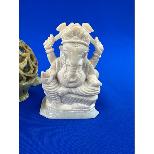 365 - Carved Stone Elephant with Baby & Lord Ganesha Statue