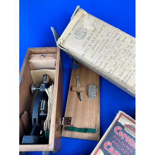 330 - Collectables including Camera, Microscope, Woodworking Plane & Furniture Fixings