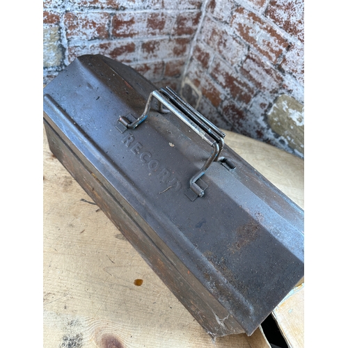 500 - Vintage Record Metal Tool Box with Contents & Stanley Bailey Plane