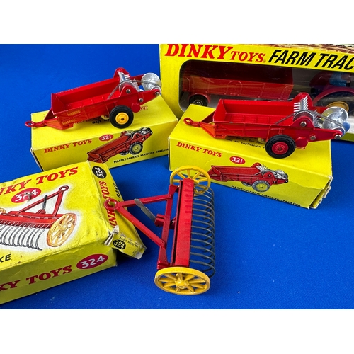 164 - Dinky Toys 399 Farm tractor Gift Set, 2 x Dinky 321 Manure Spreaders and 324 Hay Rake